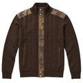 Brown men's mock-neck full-zip sweater with suede detailing and tonal color accents