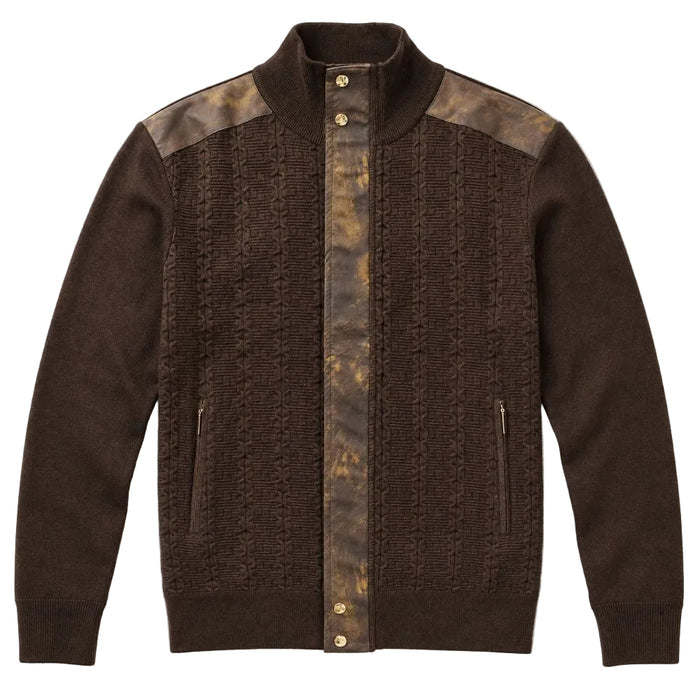 Brown men's mock-neck full-zip sweater with suede detailing and tonal color accents