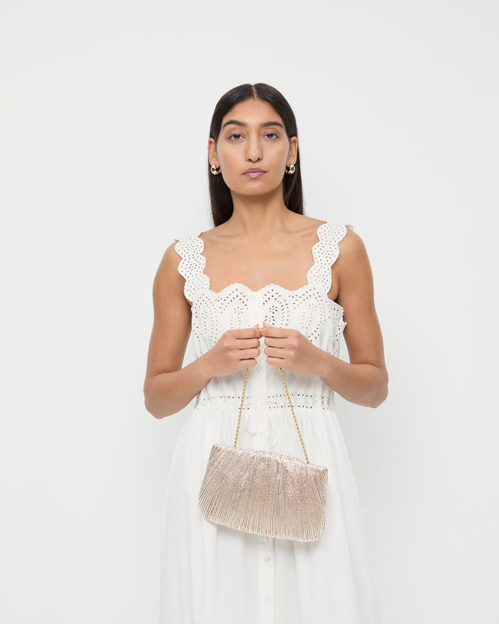 Brit Champagne Flat Pleated Clutch in champagne Italian lamé