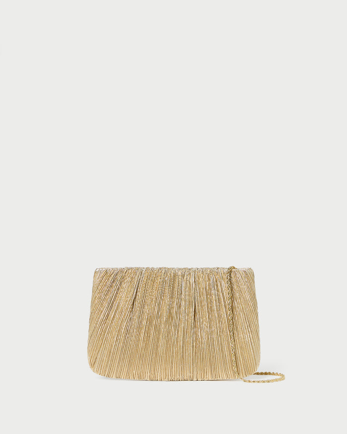 Brit Gold Lamé Pleated Clutch in pleated gold lamé