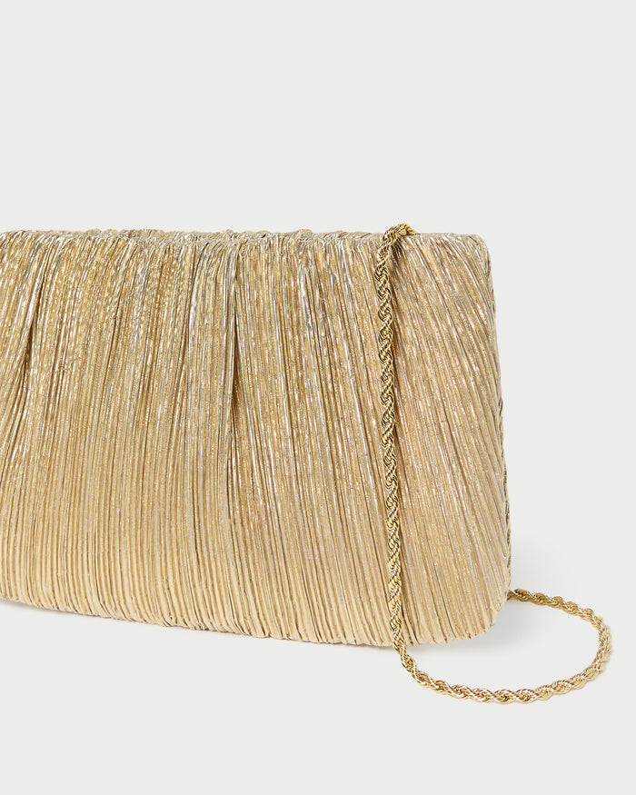 Brit Gold Lamé Pleated Clutch in pleated gold lamé