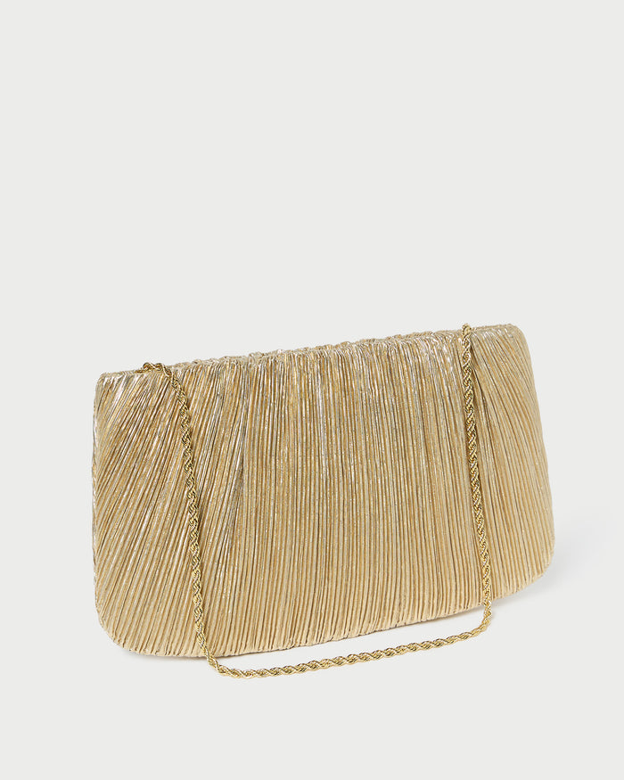 Brit Gold Lamé Pleated Clutch in pleated gold lamé