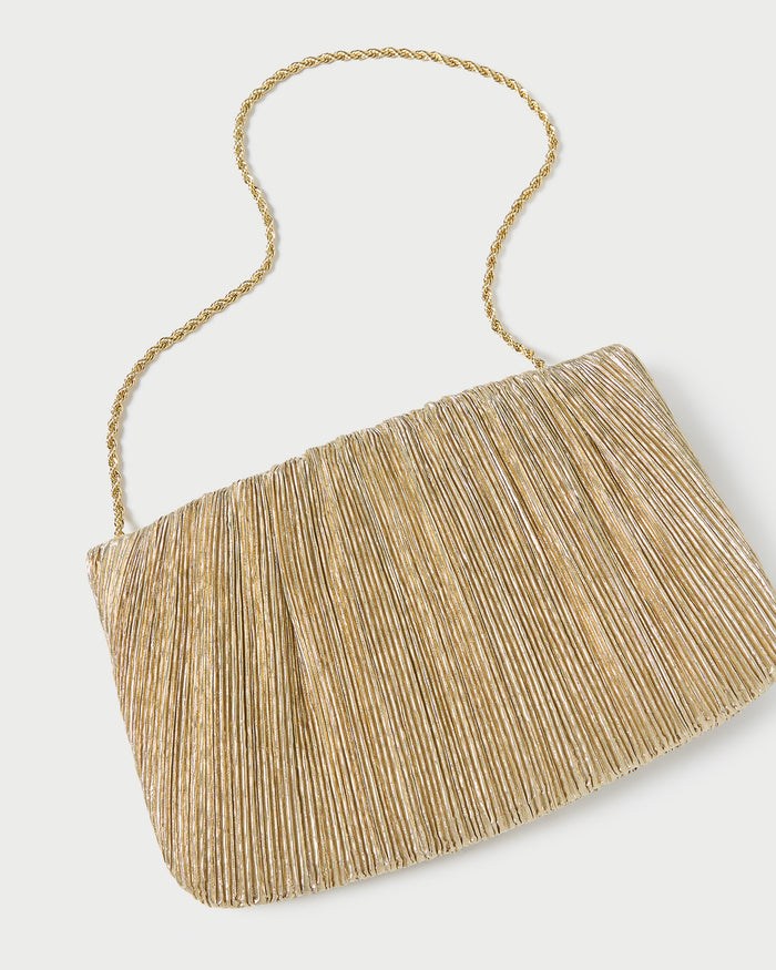 Brit Gold Lamé Pleated Clutch in pleated gold lamé