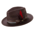Brown mesh braided fedora with feather stripe trim ribbon band