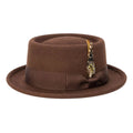 Brown pork pie felt fedora with feather accents