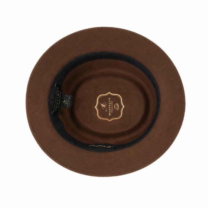Top view of brown pork pie felt fedora interior