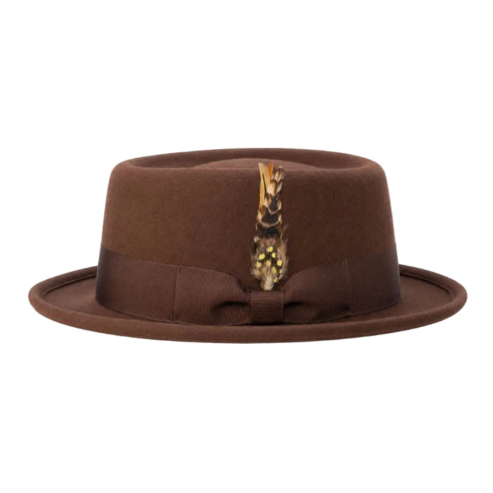 Brown pork pie felt fedora with ribbon band bow and feather accents