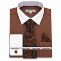 Brown White French Cuff Dress Shirt Set with Tie, Cuff Links and Pocket Square
