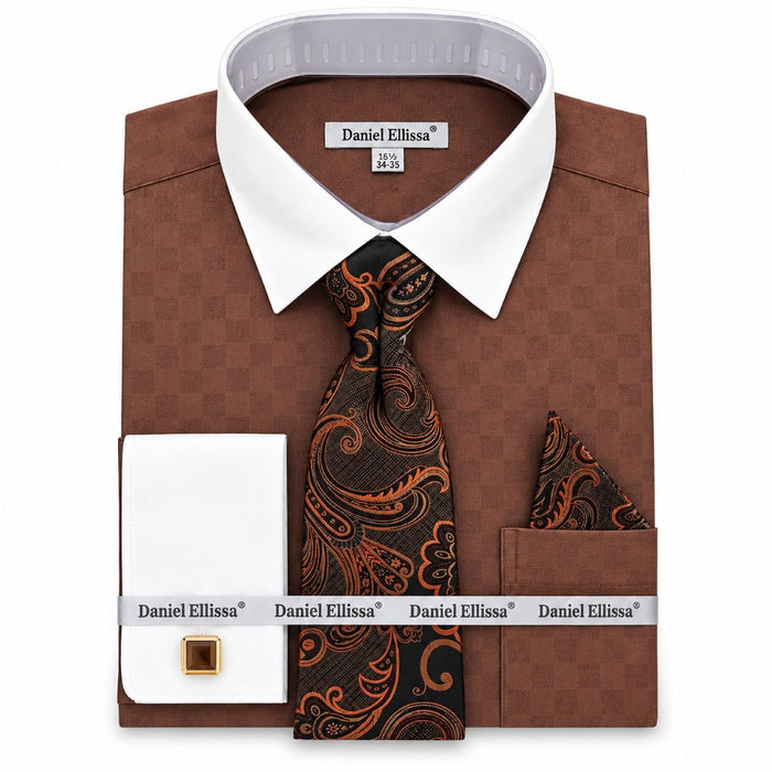 Brown White French Cuff Dress Shirt Set with Tie, Cuff Links and Pocket Square