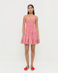 Brynne Mini Dress in red gingham cotton and Genevieve Red/Green Moiré Flower Sandal.