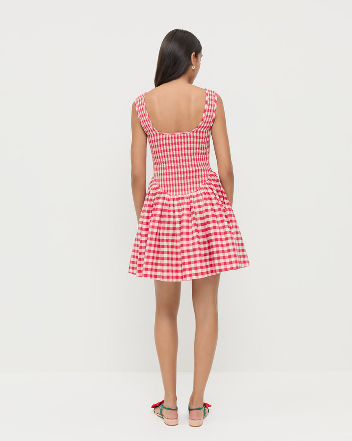 Brynne Mini Dress in red gingham cotton and Genevieve Red/Green Moiré Flower Sandal.