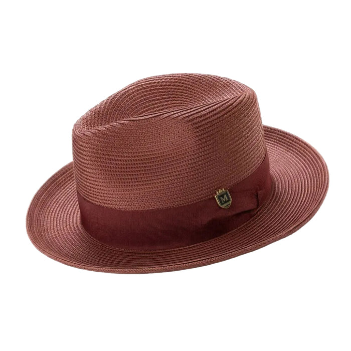 Burgundy braided wide brim pinch fedora with grosgrain ribbon