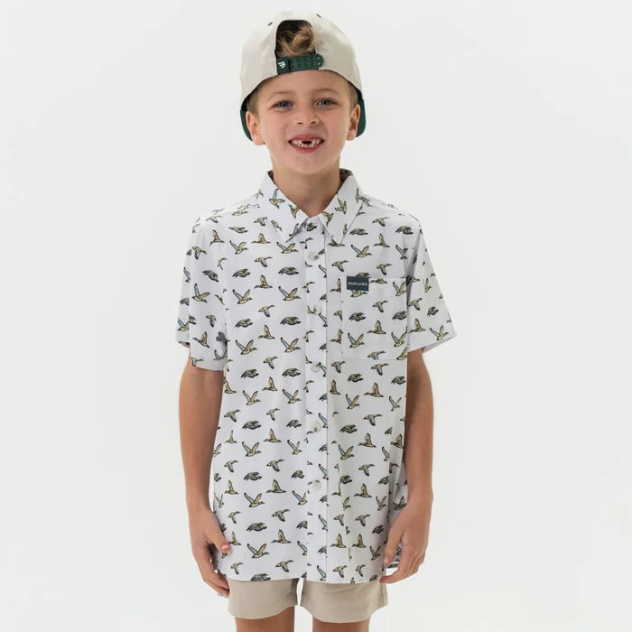 Burlebo Youth Performance Button Up - Flying Mallard Ducks White