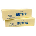 Two sticks of 4 oz. salted butter stacked on a white background, with blue text reading 'SALTED BUTTER' and '4oz.