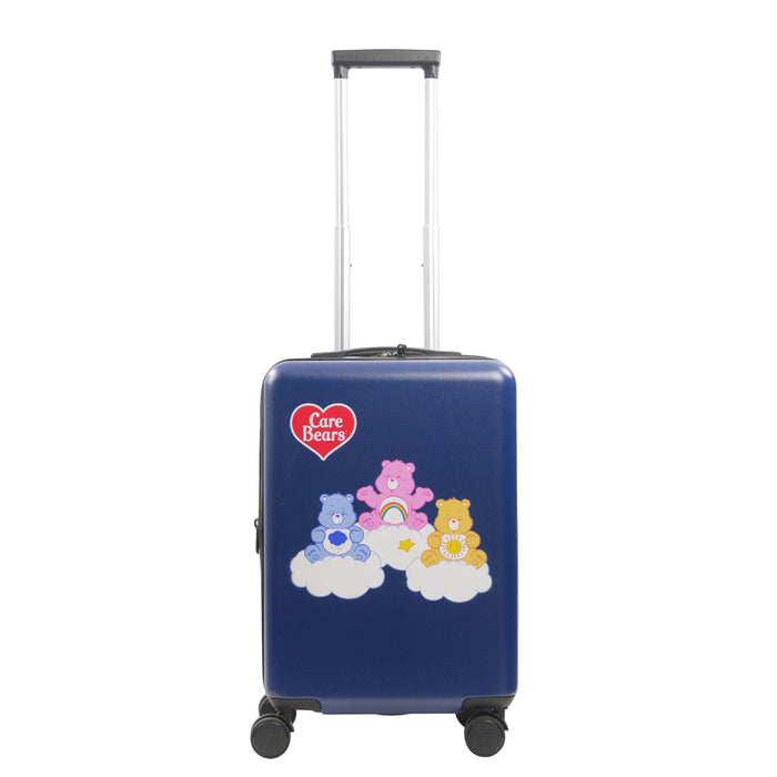Care Bears 22.5" blue carry-on luggage spinner suitcase, showcasing the beloved Cheer Bear, Funshine Bear, and Grumpy Bear sitting atop floating clouds.