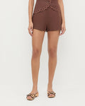 Carissa Short in brown linen, Teagan Top in brown linen, and Paulie Zebra Studded Sandal.