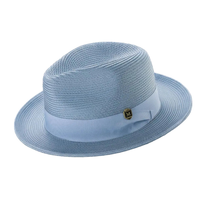 Carolina blue braided wide brim pinch fedora with grosgrain ribbon