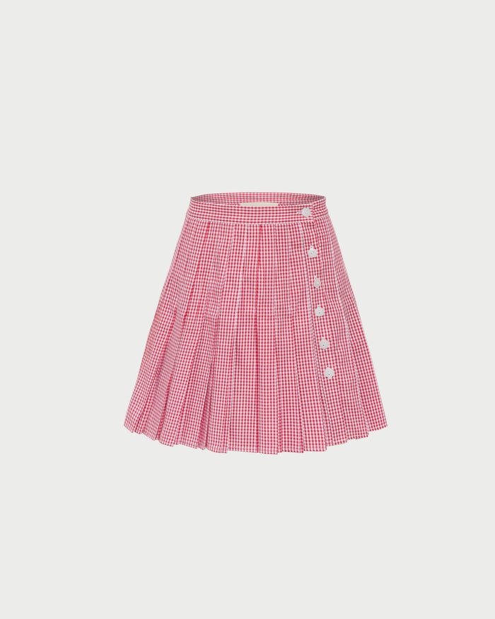 Caroline Mini Skirt in pleated red gingham cotton.