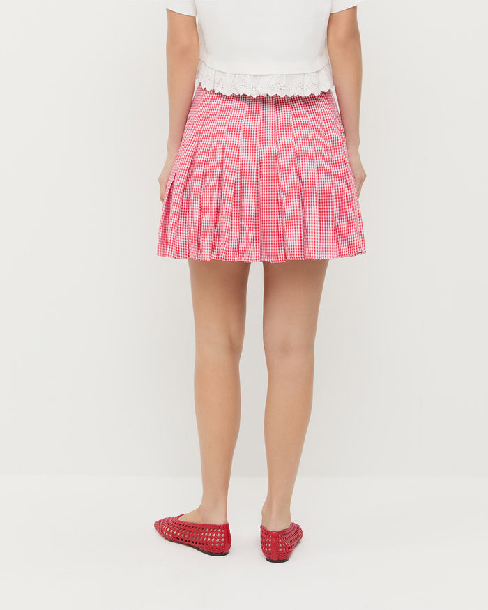 Caroline Mini Skirt in pleated red gingham cotton, Junie Lace Trim Tee in white cotton, and Emery Red Ballet Flat.