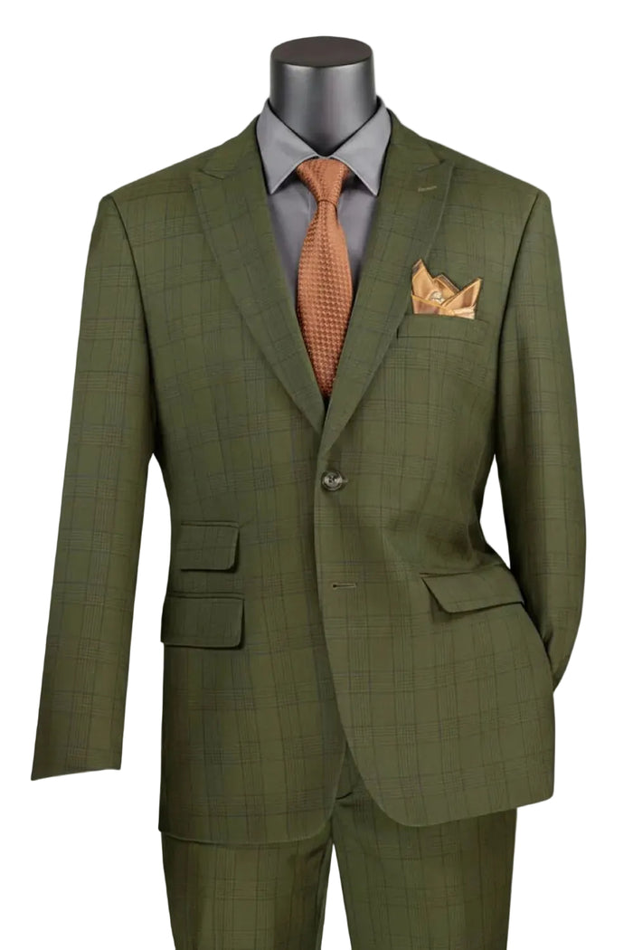 Olive modern fit 2 piece men's windowpane suit