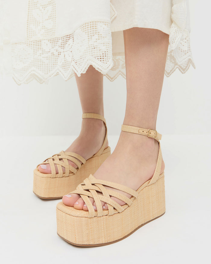 Channing Natural Raffia Platform Sandal and Poppy Lace Dress in white cotton.