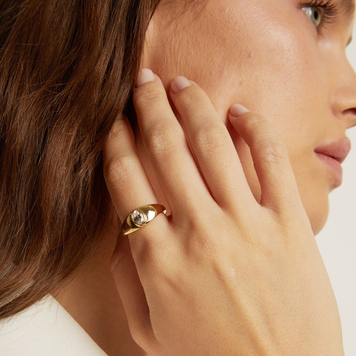 Model. Close-up of a woman wearing a gold ring on her hand, with a neutral background.