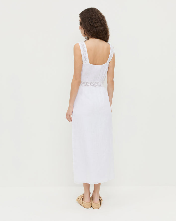 Clarissa Dress in white linen and Nico Natural Two−Band Sandal.