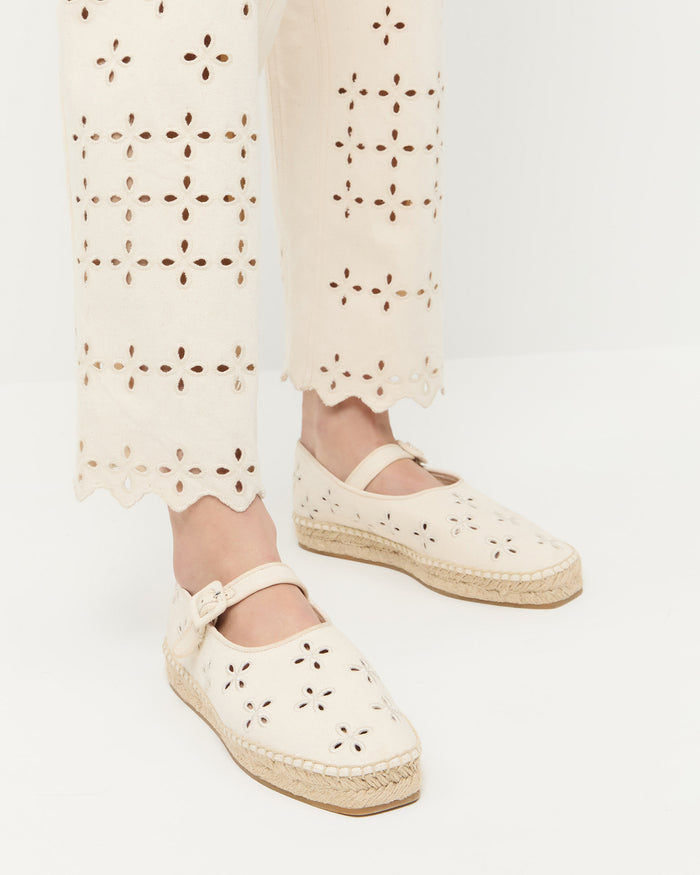 Clover Natural Embroidered Espadrille in natural canvas and Demi Embroidered Pant in natural cotton.