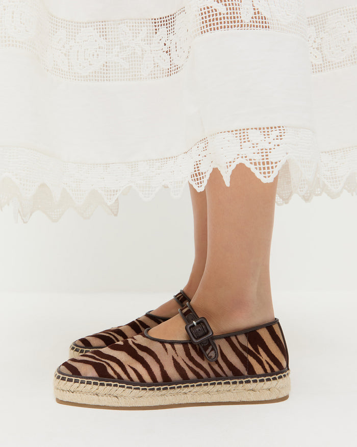 Clover Mary Jane espadrille in zebra flocked mesh and Delaney Skirt in white cotton.