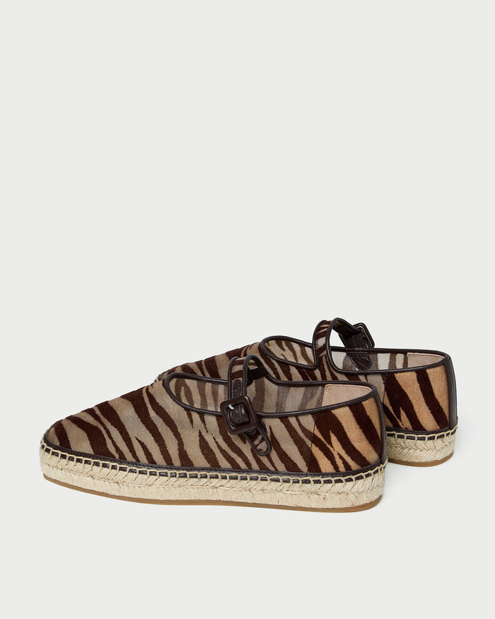 Clover Mary Jane espadrille in zebra flocked mesh.