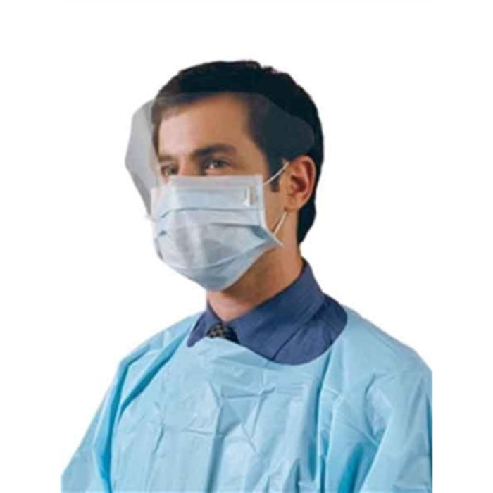 Combination earloop prodedure mask with eye shield used in funeral service operations, from lynch supply