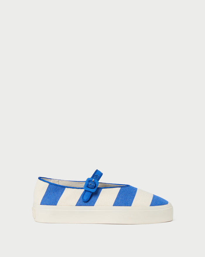 Cooper Blue Striped Mary Jane Sneaker in blue and cream striped canvas.