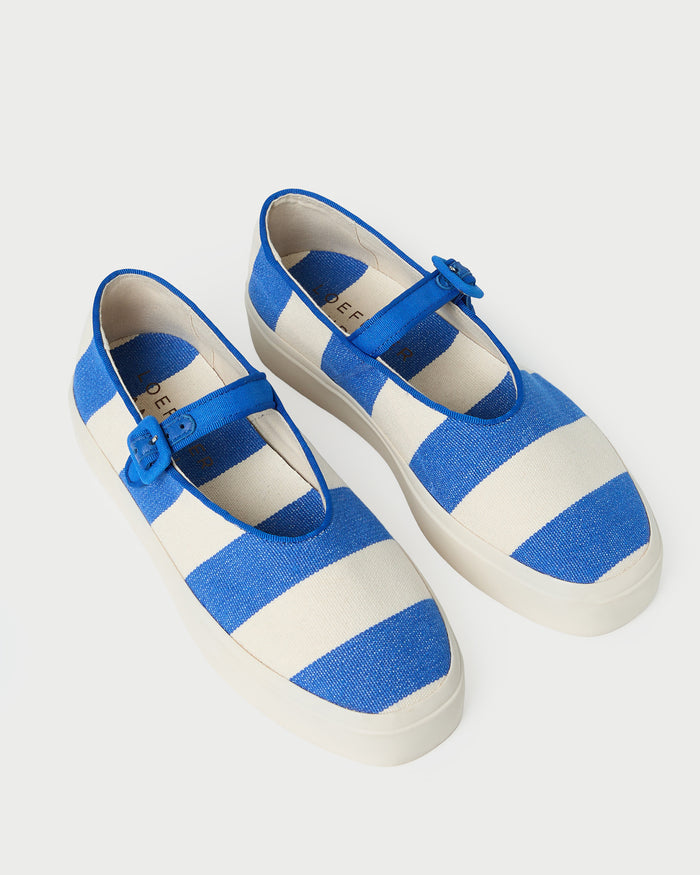 Cooper Blue Striped Mary Jane Sneaker in blue and cream striped canvas.