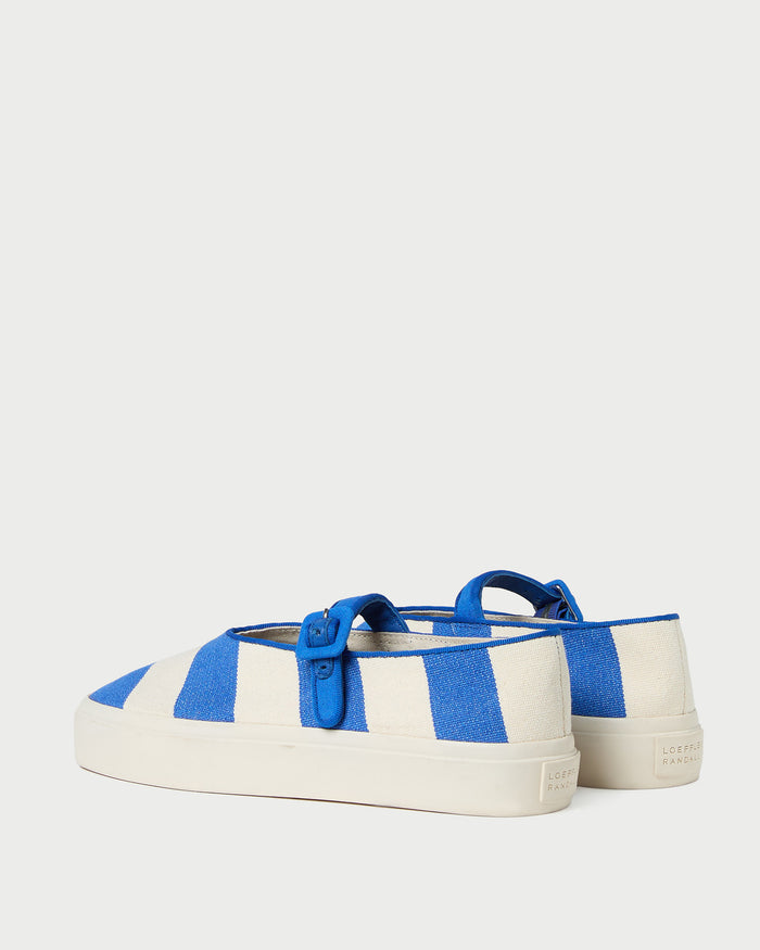 Cooper Blue Striped Mary Jane Sneaker in blue and cream striped canvas.