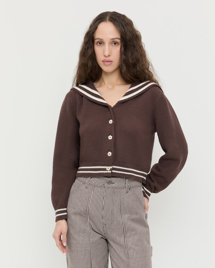 Cove Sweater in brown wool and Molly Workwear Jean in brown striped denim.