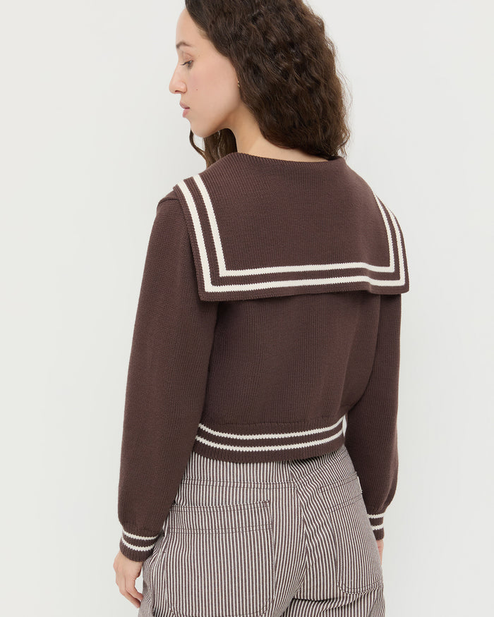 Cove Sweater in brown wool and Molly Workwear Jean in brown striped denim.