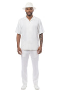 Cream men's two piece geometric jacquard panel short sleeve walking suit