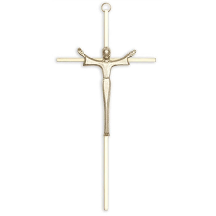 Crucifix- 10" brass with modern risen christ figure - brass/bright gold corpus used in funeral service operations, from lynch supply