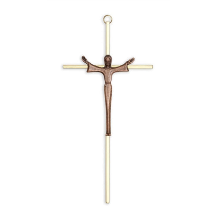 Crucifix- 10" brass with modern risen christ figure - brass/copper corpus used in funeral service operations, from lynch supply
