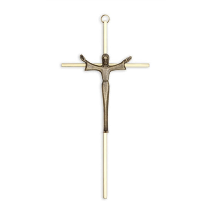 Crucifix- 10" brass with modern risen christ figure-brass/antique bronze corpus used in funeral service operations, from lynch supply