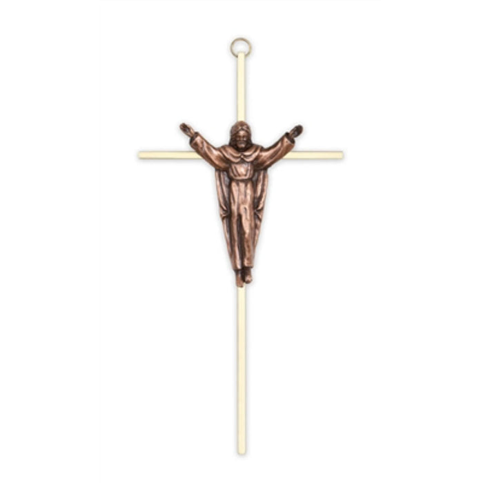 Crucifix- 10" brass with traditional risen christ- brass/copper used in funeral service operations, from lynch supply
