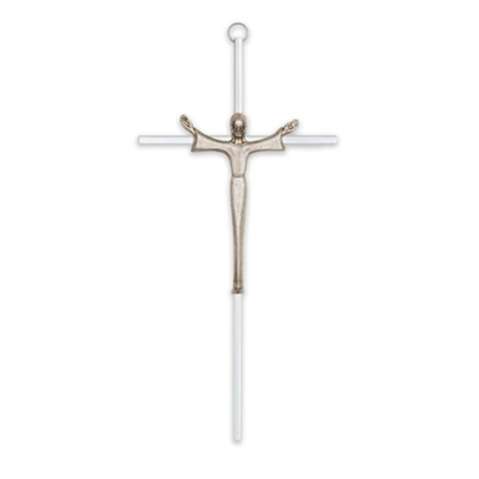 Crucifix- 10" silver cross with modern risen christ in antique silver used in funeral service operations, from lynch supply