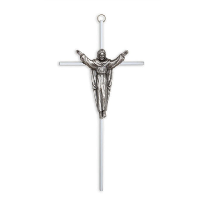 Crucifix- 10" silver cross with traditional risen christ in antique silver used in funeral service operations, from lynch supply