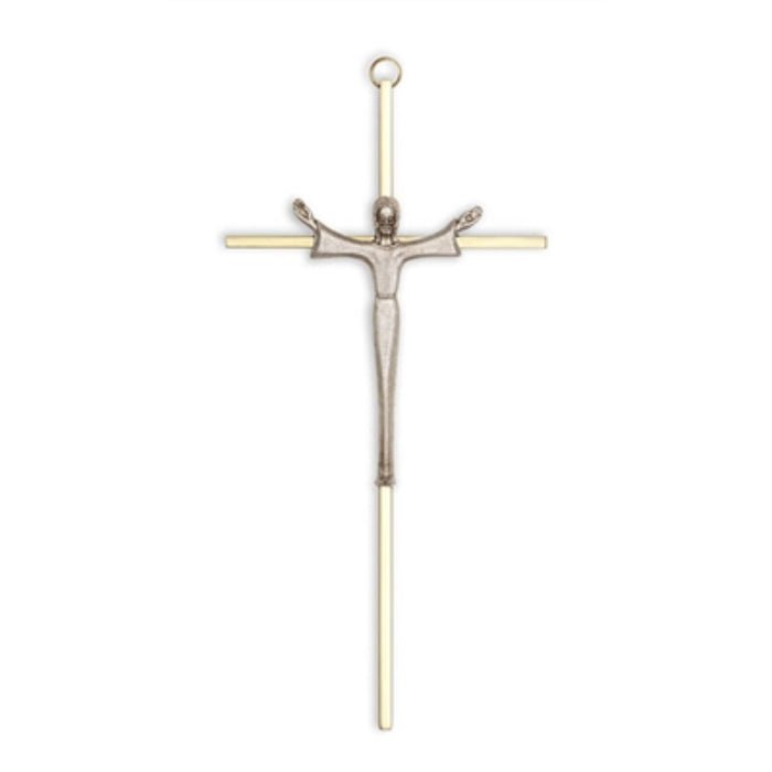 Crucifix-10" brass cross with modern risen christ in antique silver used in funeral service operations, from lynch supply