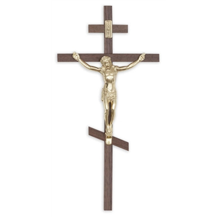 Crucifix-10" orthodox walnut interior cross-walnut/bright gold used in funeral service operations, from lynch supply