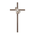 Crucifix-10" walnut with antique silver praying hands used in funeral service operations, from lynch supply