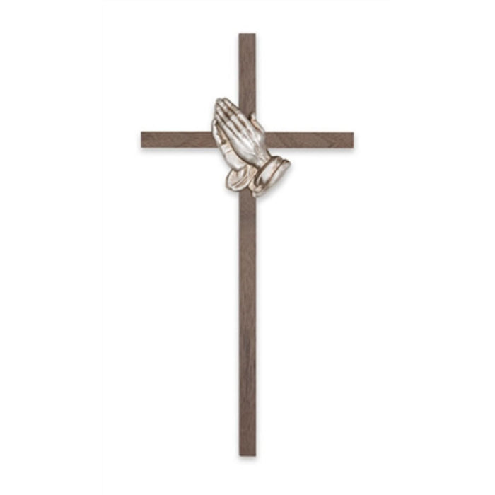 Crucifix-10" walnut with antique silver praying hands used in funeral service operations, from lynch supply