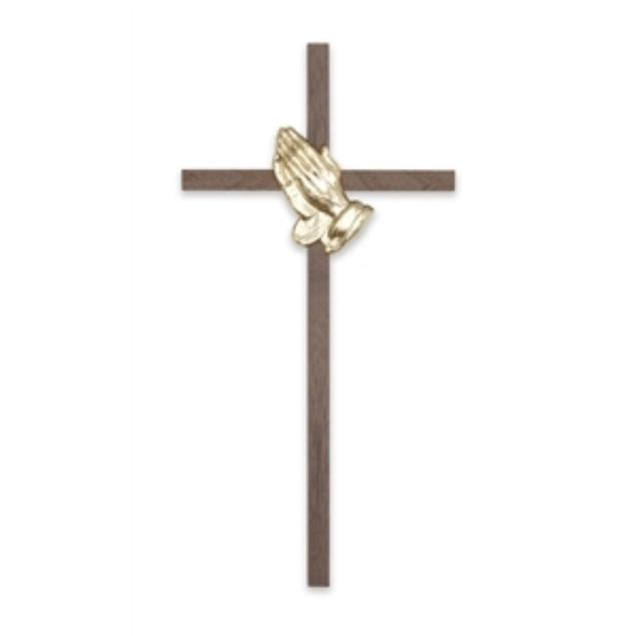 Crucifix-10" walnut with bright gold praying hands used in funeral service operations, from lynch supply