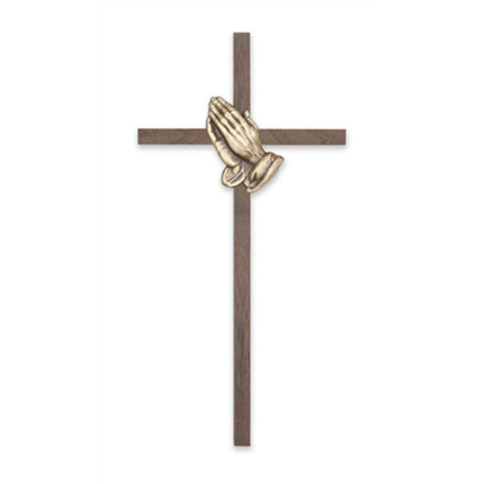 Crucifix-10" walnut with bronze praying hands used in funeral service operations, from lynch supply