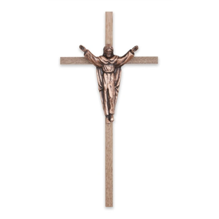 Crucifix-10" walnut with traditional risen christ - walnut/copper used in funeral service operations, from lynch supply